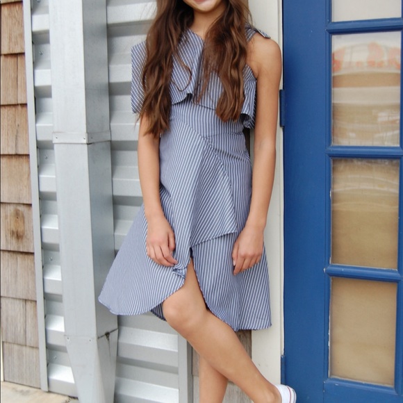 HABITUAL Girl's One-shoulder Striped High-low Dress In Navy - Picture 3 of 13